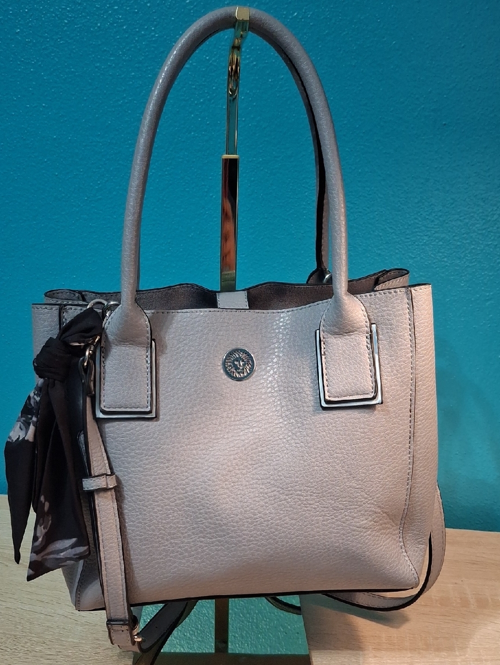 Anne Klein Grey Pebbled Covertible Mini Tote with Black Scarf Accent